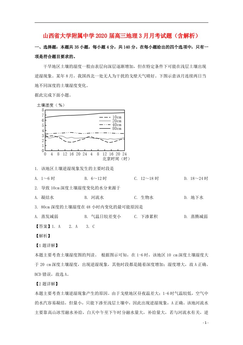 山西省大学附属中学2020届高三地理3月月考试题含解析