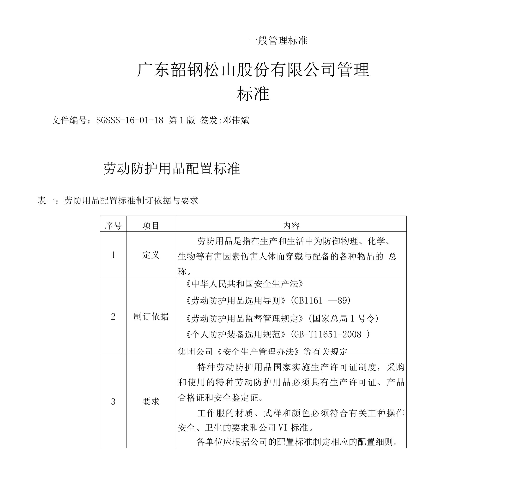 劳动防护用品配置标准