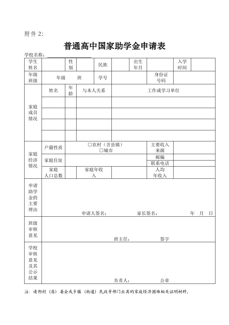 普通高中国家助学金申请表