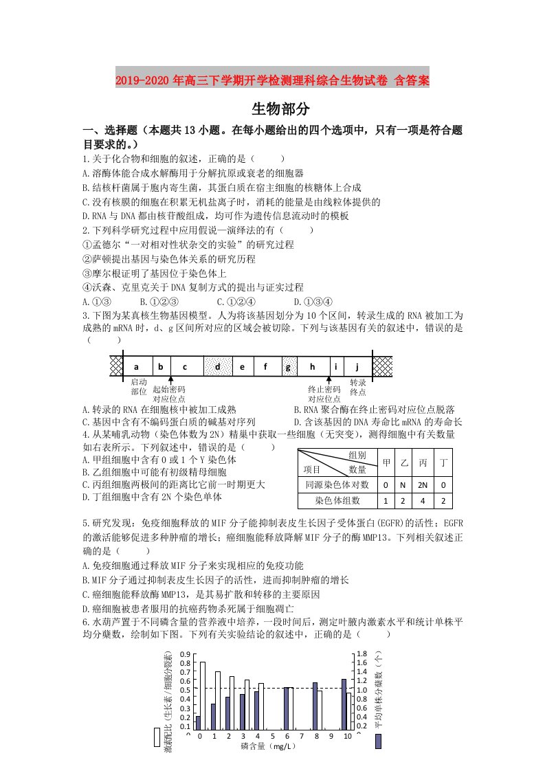 2019-2020年高三下学期开学检测理科综合生物试卷