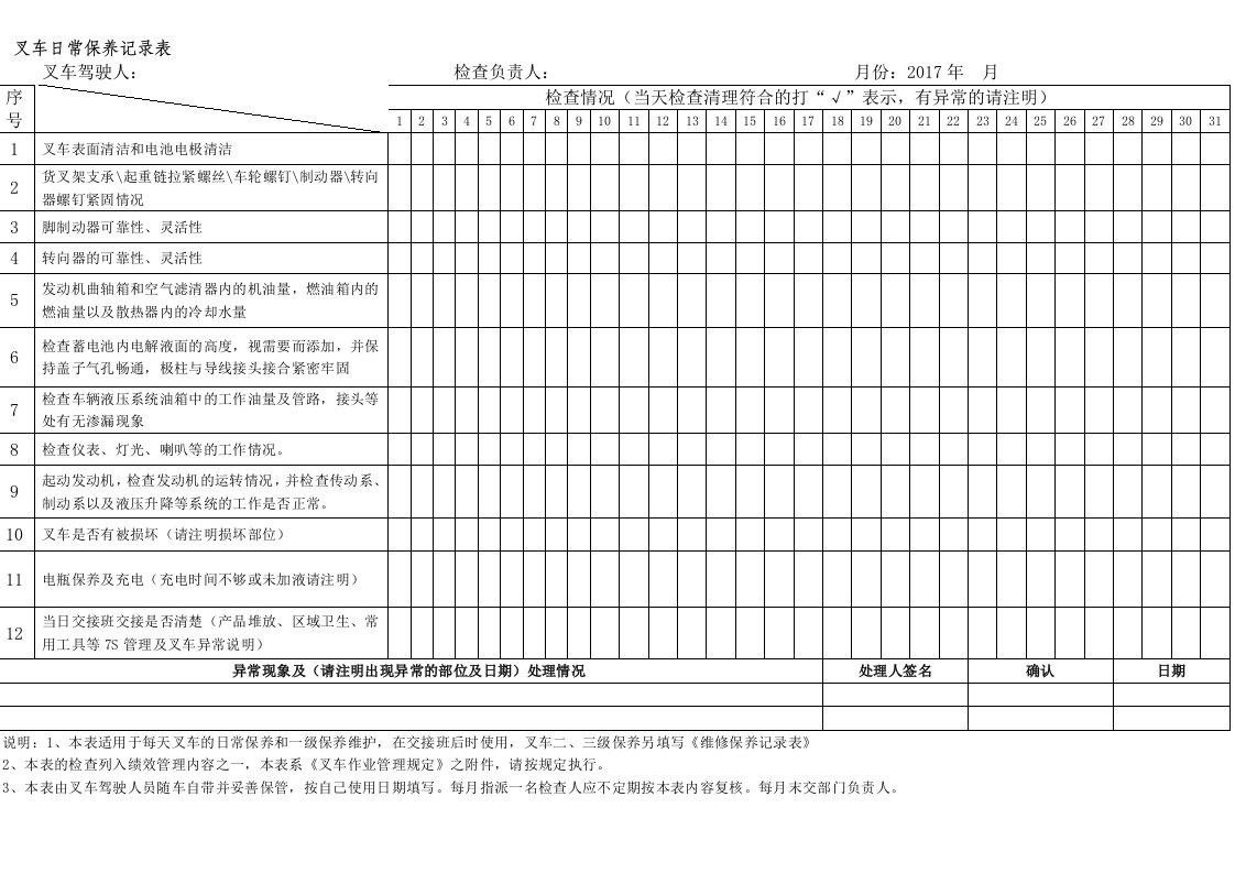 叉车日常保养记录表