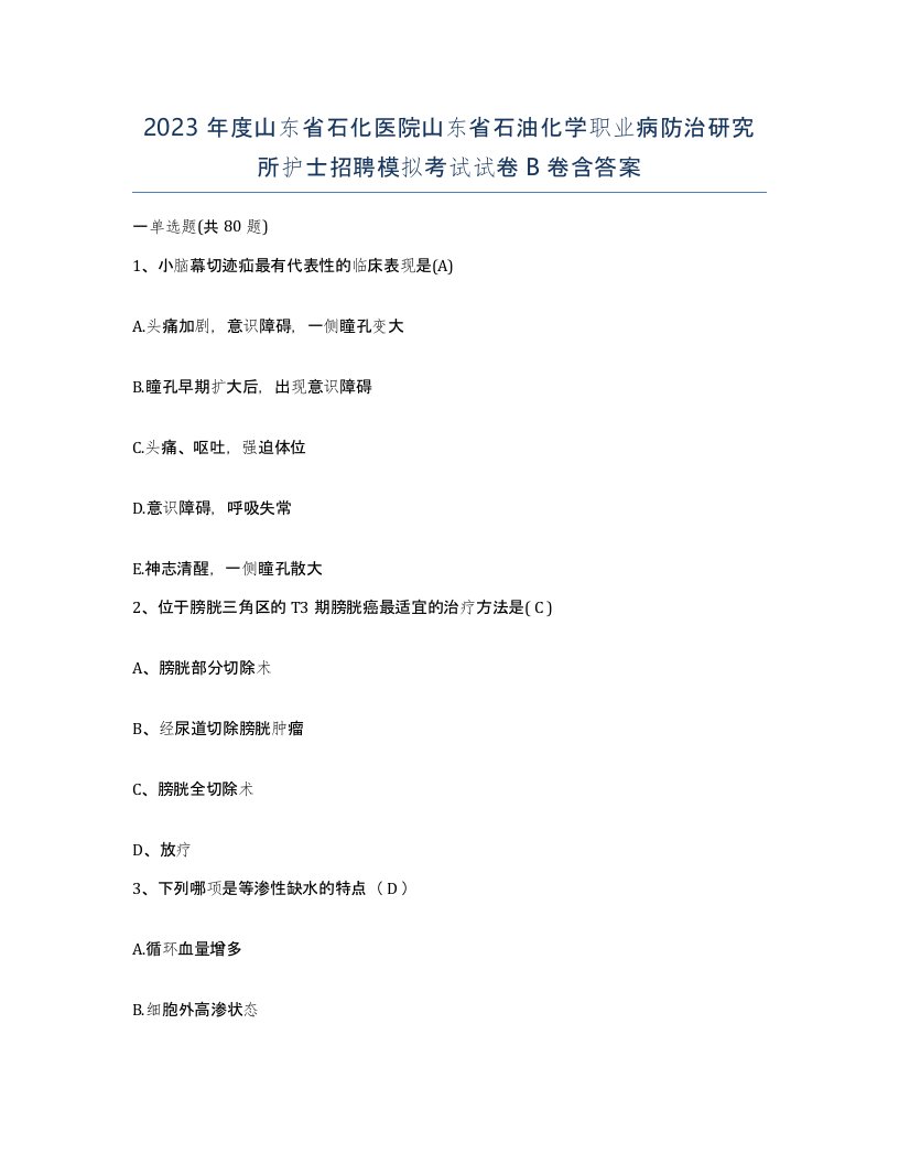 2023年度山东省石化医院山东省石油化学职业病防治研究所护士招聘模拟考试试卷B卷含答案