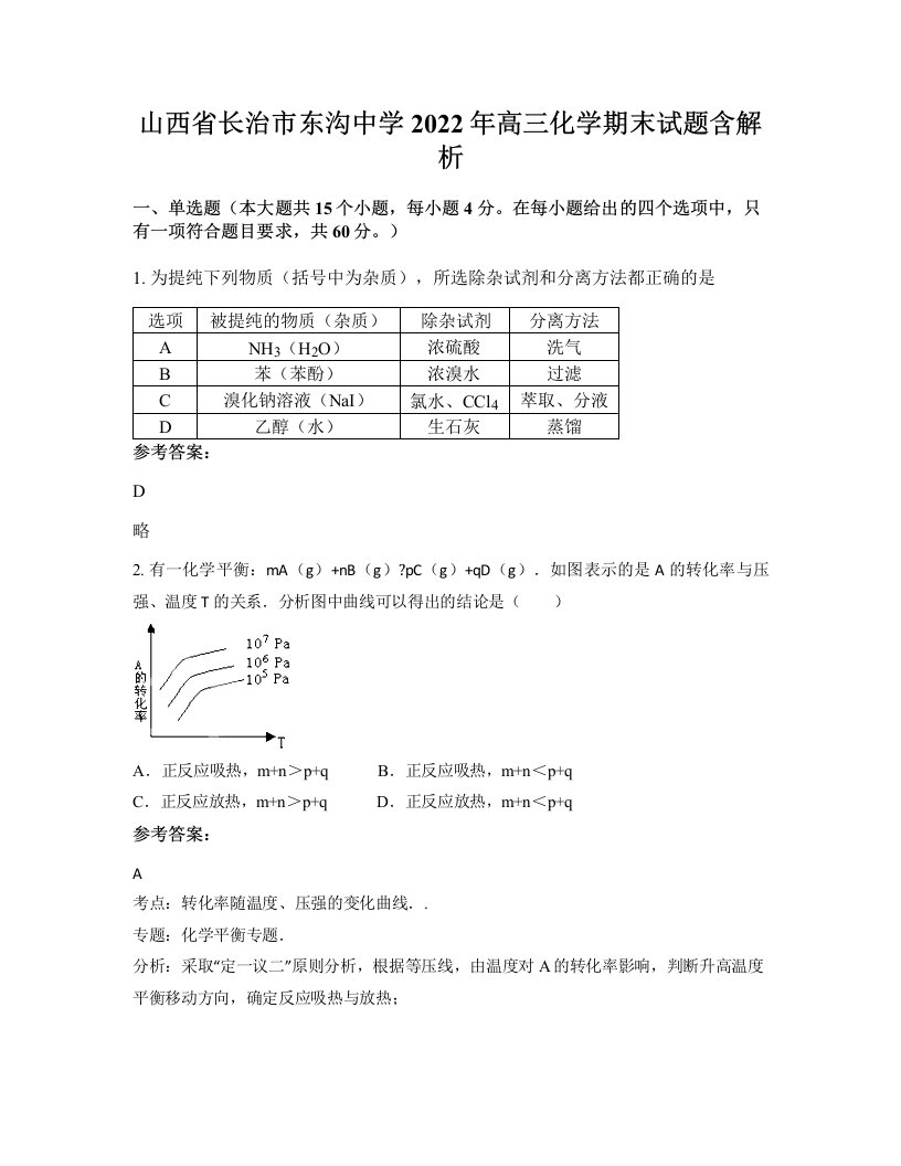 山西省长治市东沟中学2022年高三化学期末试题含解析