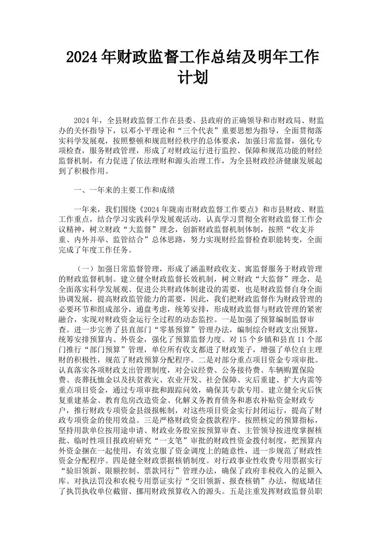 2024年财政监督工作总结及明年工作计划