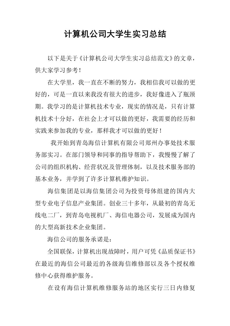 计算机公司大学生实习总结