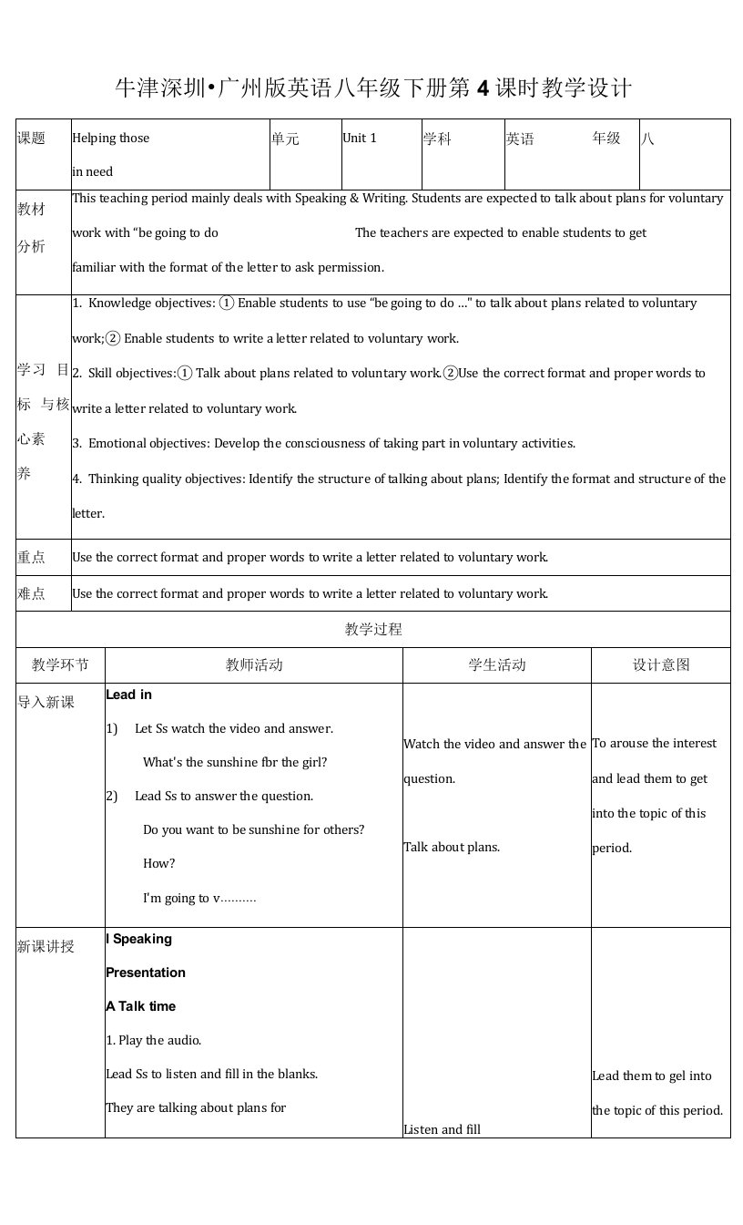 牛津深圳版英语八下核心素养目标Unit