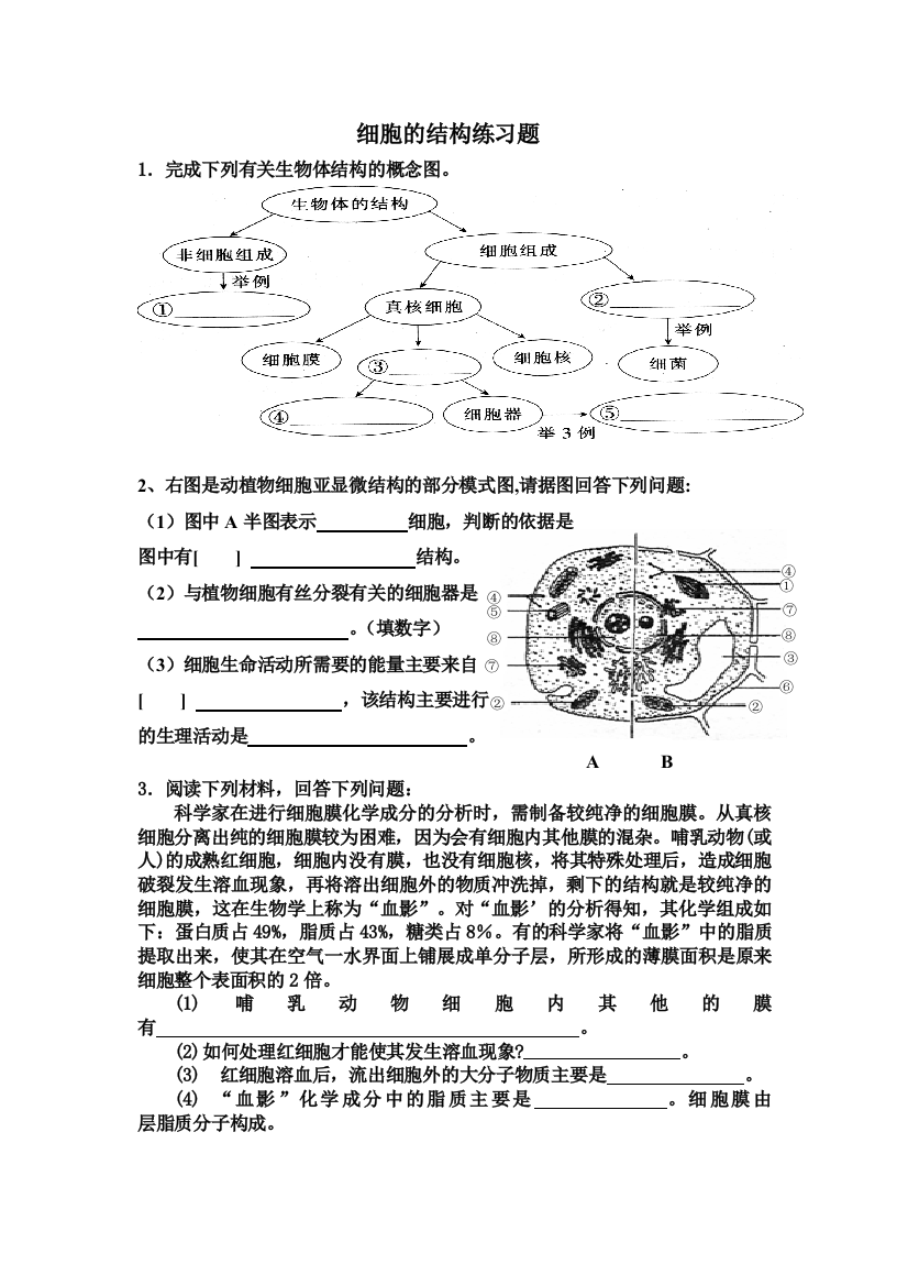 细胞的基本结构练习题含答案