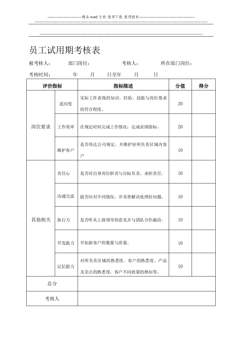 考核表、自我鉴定、转正表.