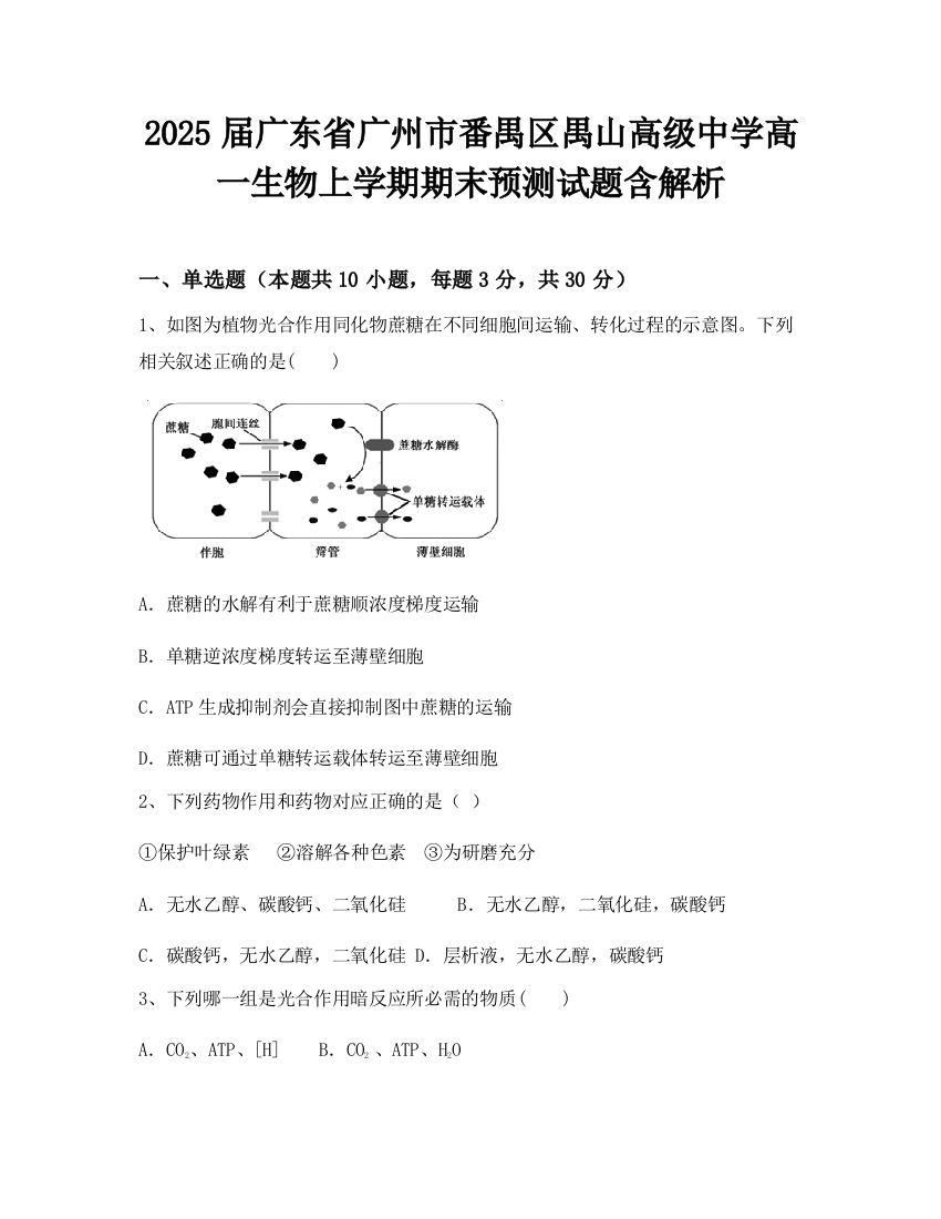 2025届广东省广州市番禺区禺山高级中学高一生物上学期期末预测试题含解析