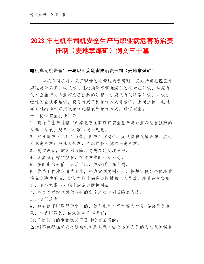 2023年电机车司机安全生产与职业病危害防治责任制（麦地掌煤矿）例文三十篇