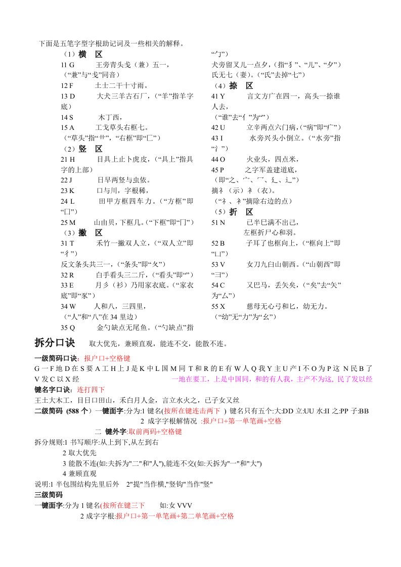 五笔字型字根助记词及一些相关的解释