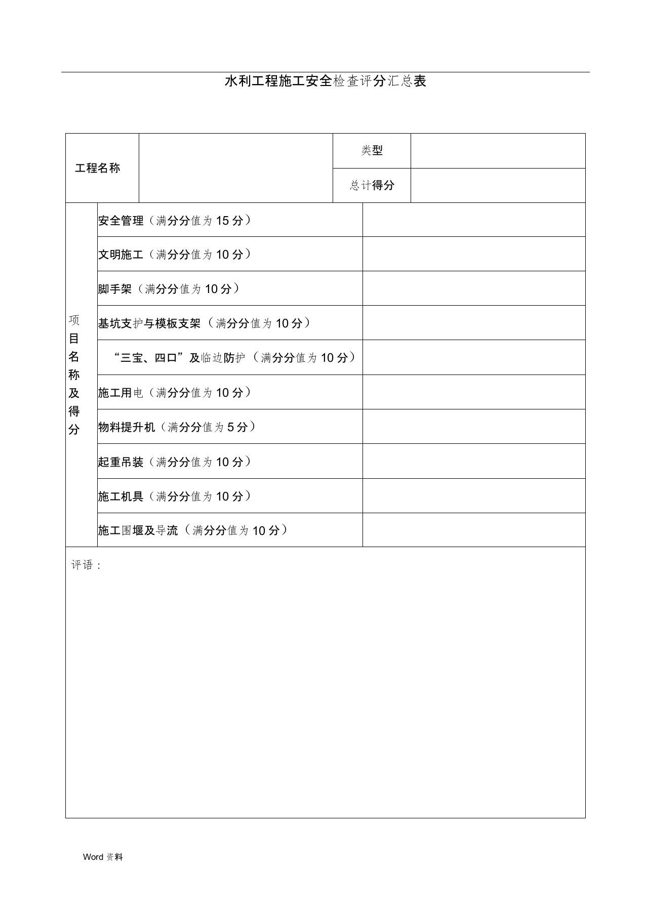 水利工程安全检查评分表