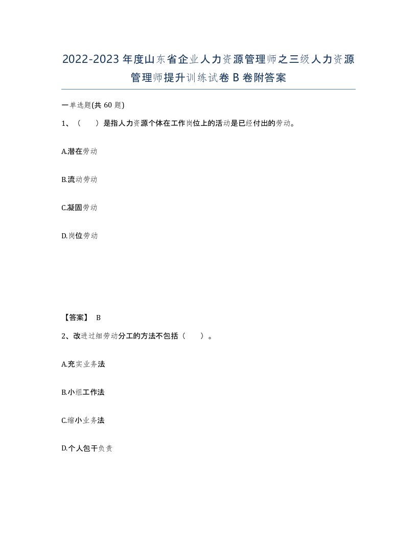 2022-2023年度山东省企业人力资源管理师之三级人力资源管理师提升训练试卷B卷附答案