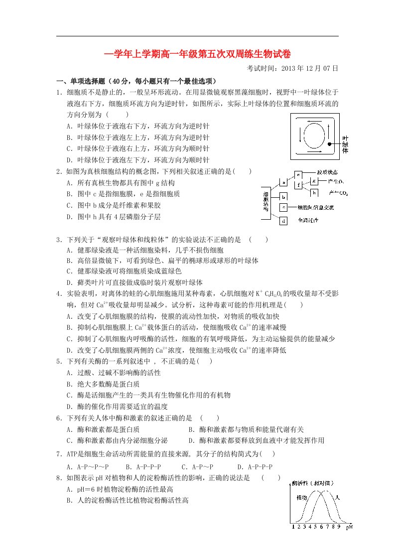 湖北省沙市中学高一生物上学期第五次周练试题新人教版