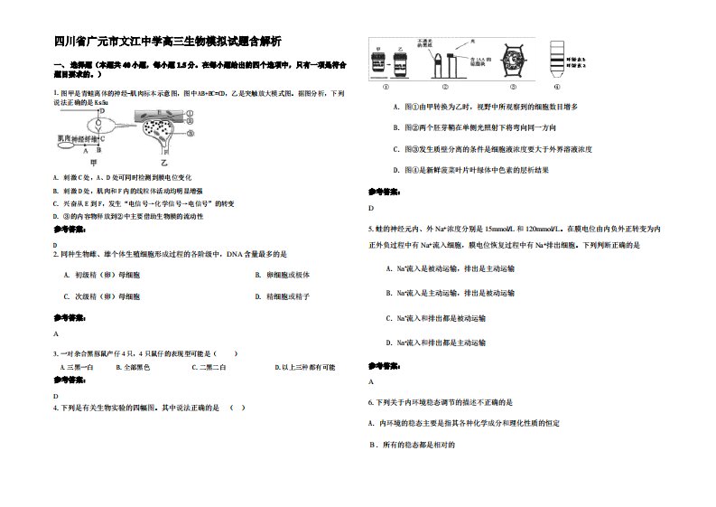 四川省广元市文江中学高三生物模拟试题含解析