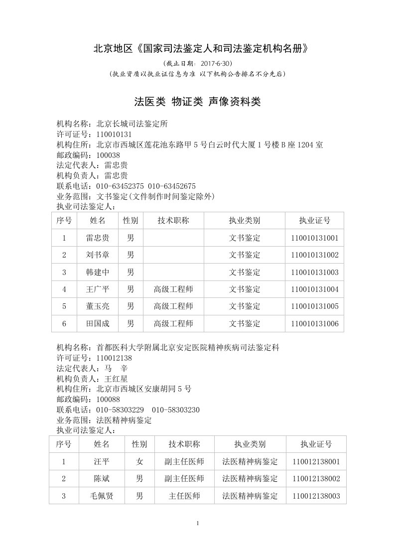 北京地区国家司法鉴定人和司法鉴定机构名册