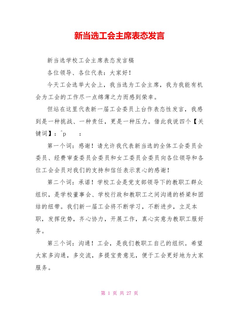 新当选工会主席表态发言