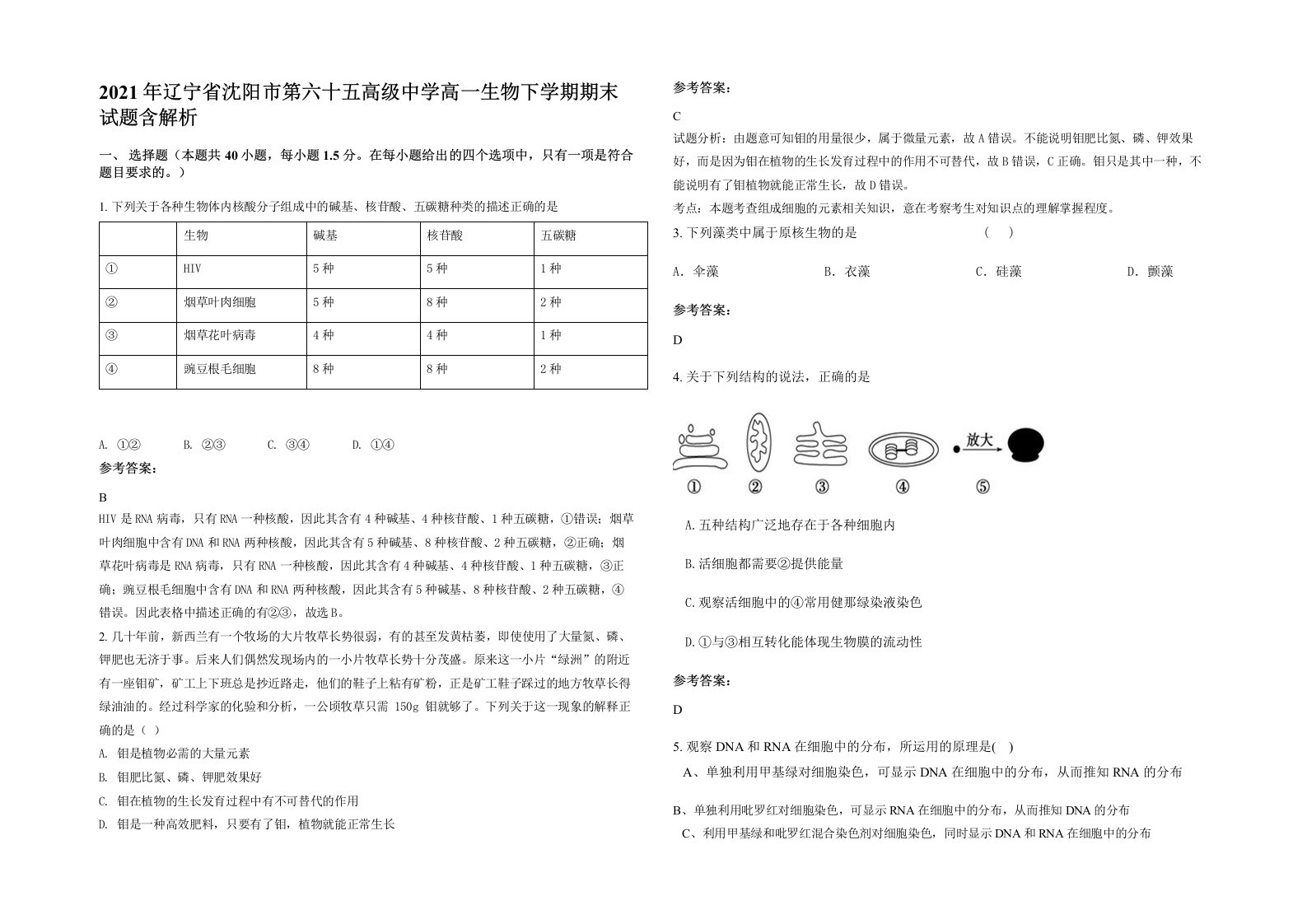 2021年辽宁省沈阳市第六十五高级中学高一生物下学期期末试题含解析