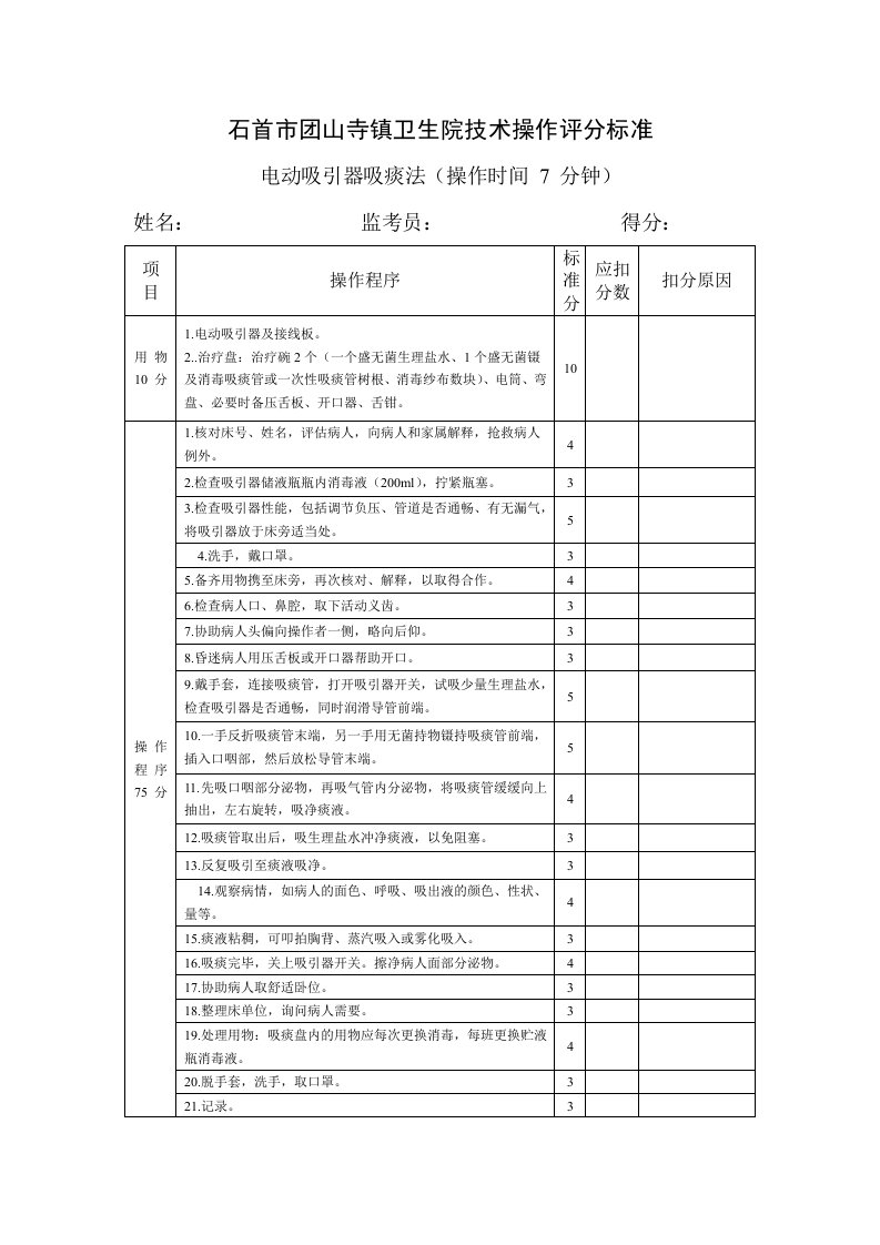 电动吸引器吸痰法操作评分标准