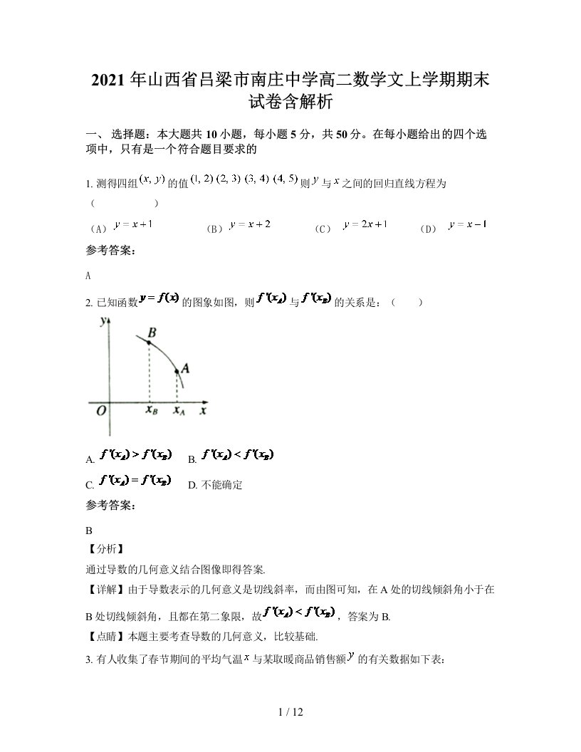 2021年山西省吕梁市南庄中学高二数学文上学期期末试卷含解析