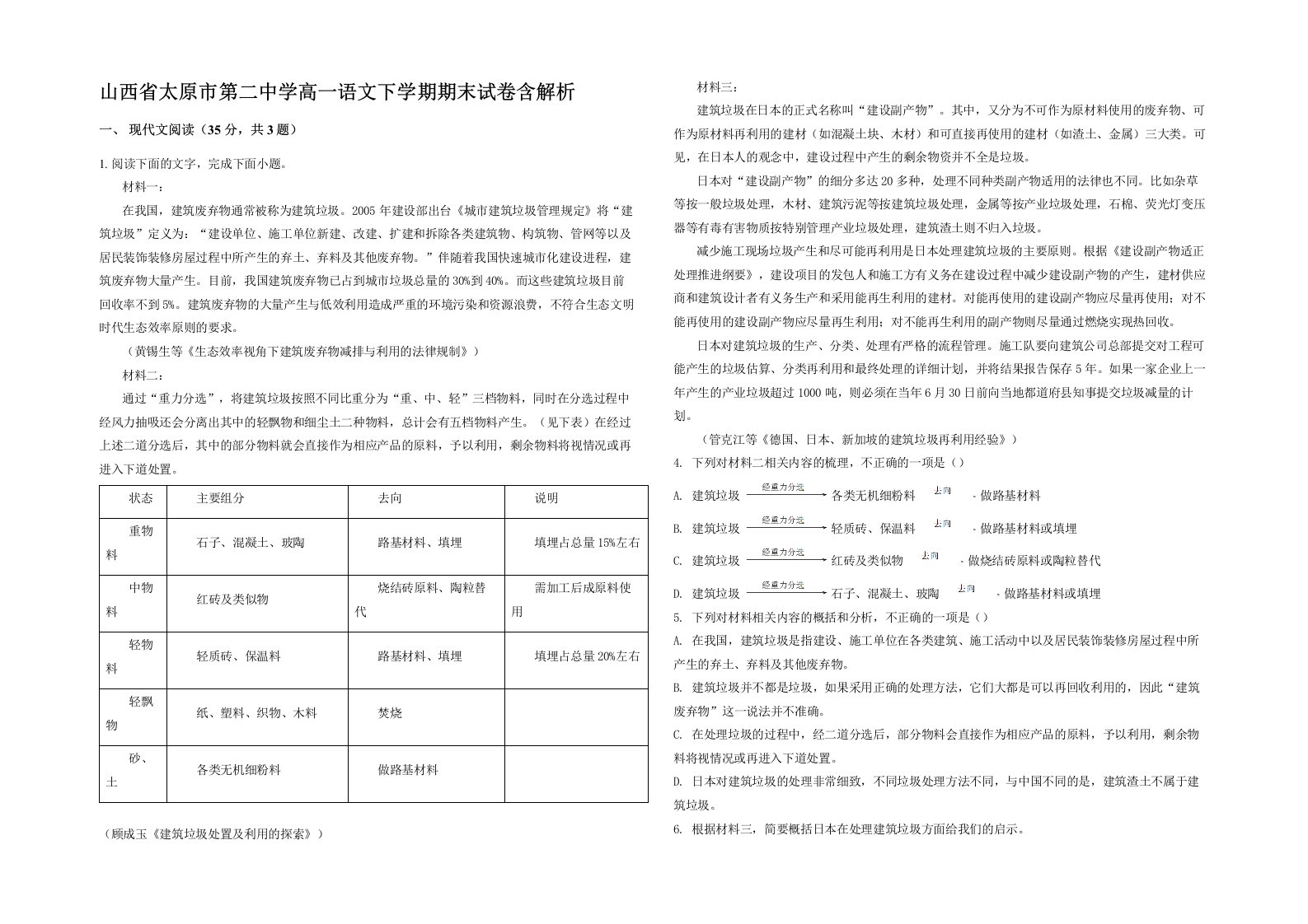 山西省太原市第二中学高一语文下学期期末试卷含解析