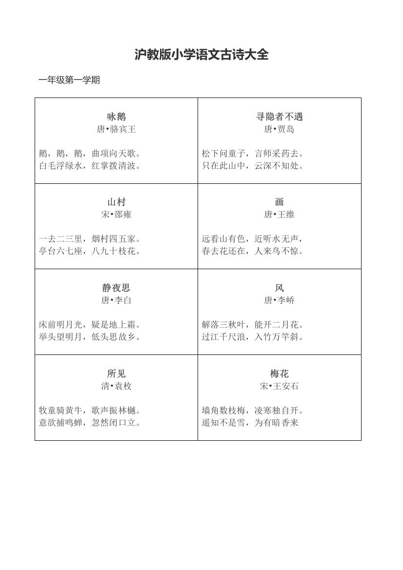 (word完整版)沪教版小学语文古诗大全-推荐文档