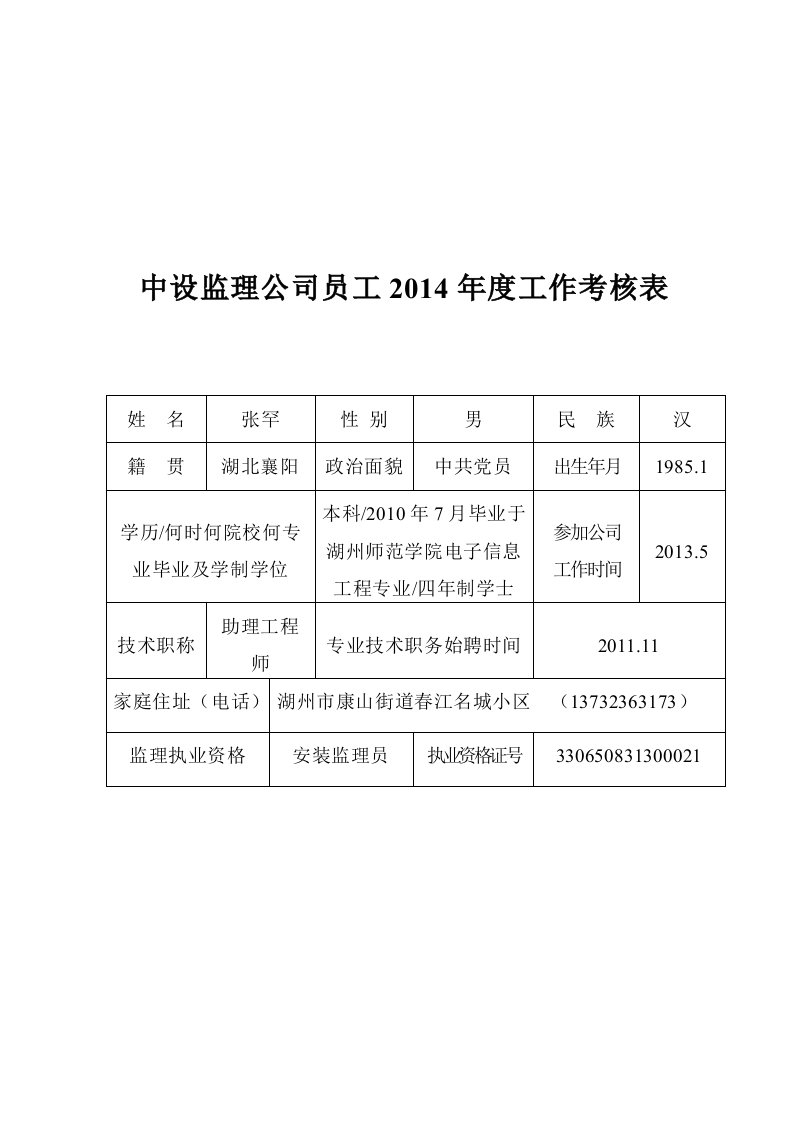 中设监理公司员工2014年度工作考核表