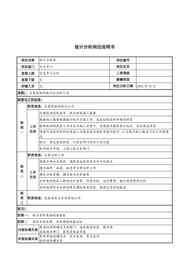 湖北新华医院信息中心统计分析岗位说明书