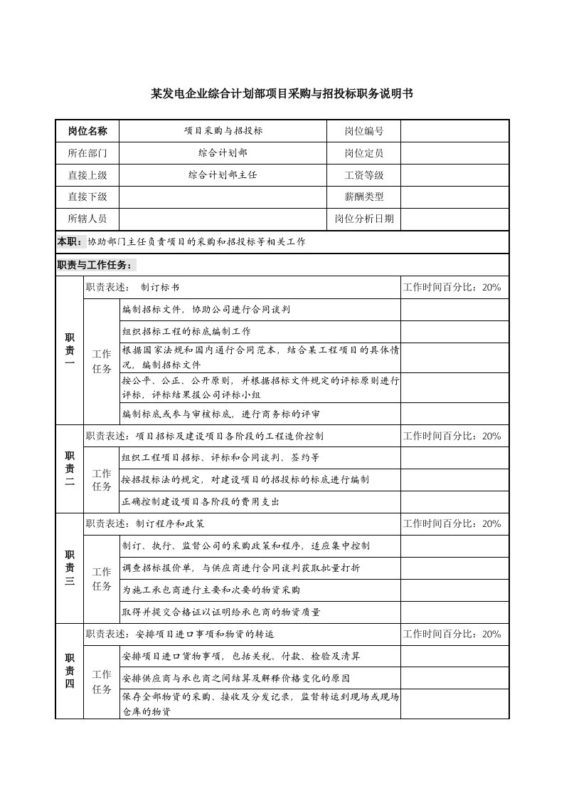 招标投标-某发电企业综合计划部项目采购与招投标职务说明书