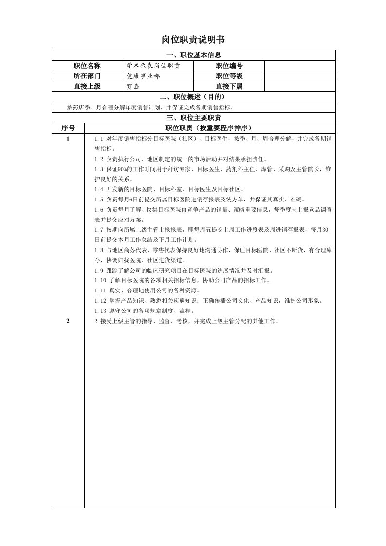 学术代表岗位职责