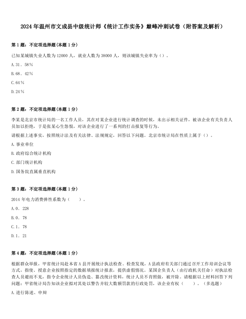 2024年温州市文成县中级统计师《统计工作实务》巅峰冲刺试卷（附答案及解析）