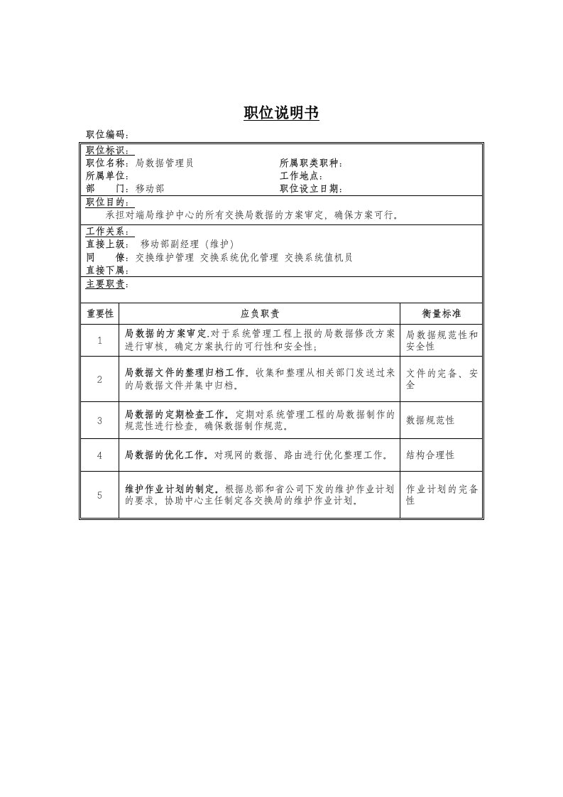 移动部局数据管理员岗位职责