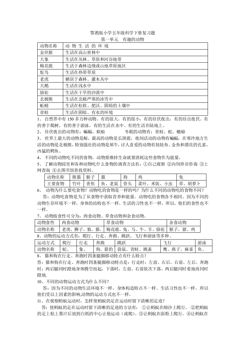 鄂教版小学五年级科学下册复习题