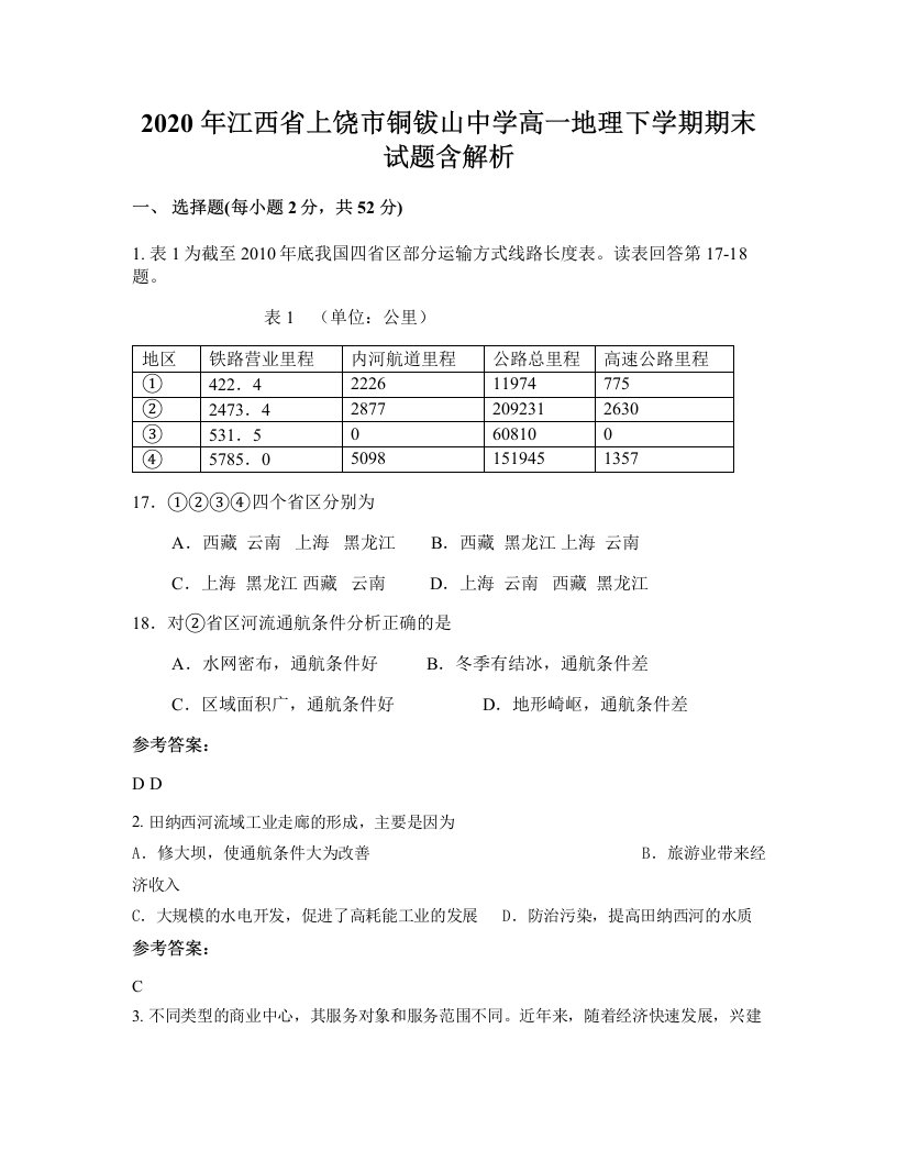 2020年江西省上饶市铜钹山中学高一地理下学期期末试题含解析