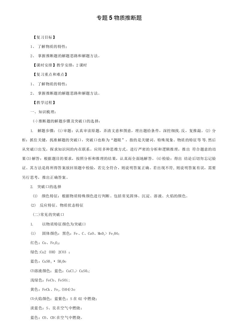 【附加10套名校中考试卷】中考化学二轮复习突破专题5物质推断题教案