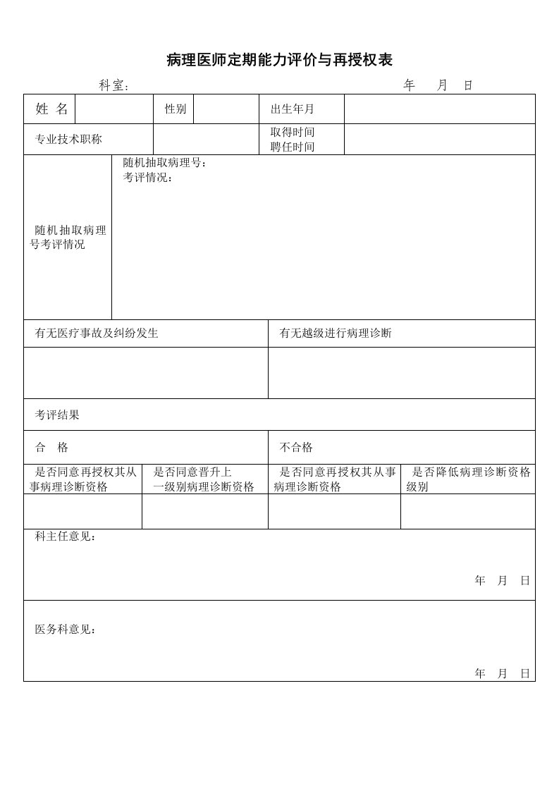 病理医师定期能力考核与再授权表