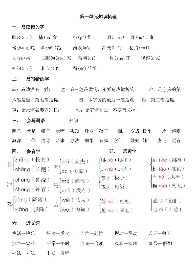 部编人教版小学二年级上册语文复习资料(全册单元知识详解)