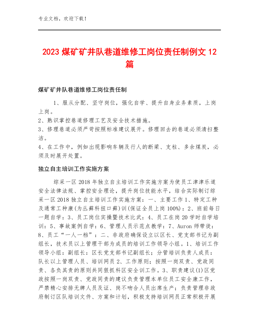 2023煤矿矿井队巷道维修工岗位责任制例文12篇