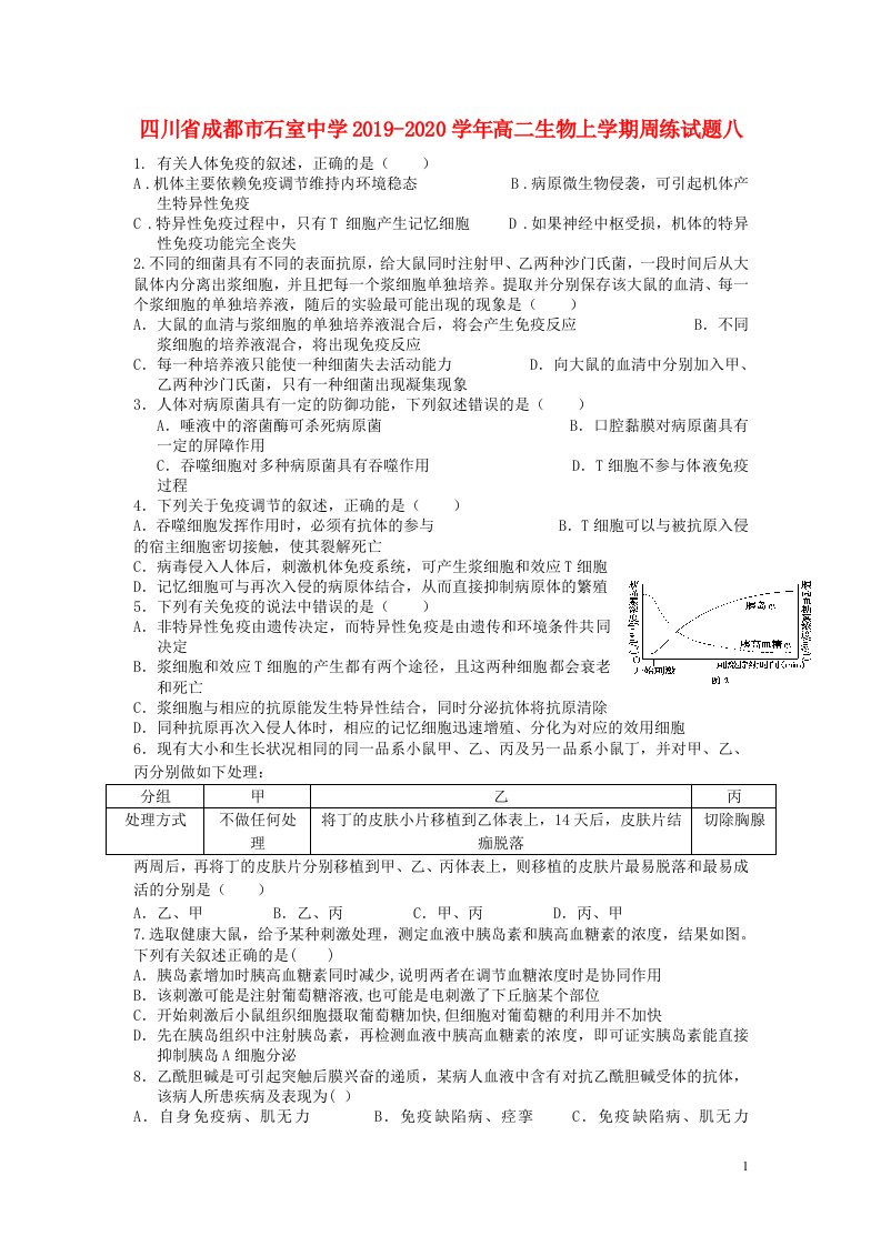 四川省成都市石室中学2019_2020学年高二生物上学期周练试题八