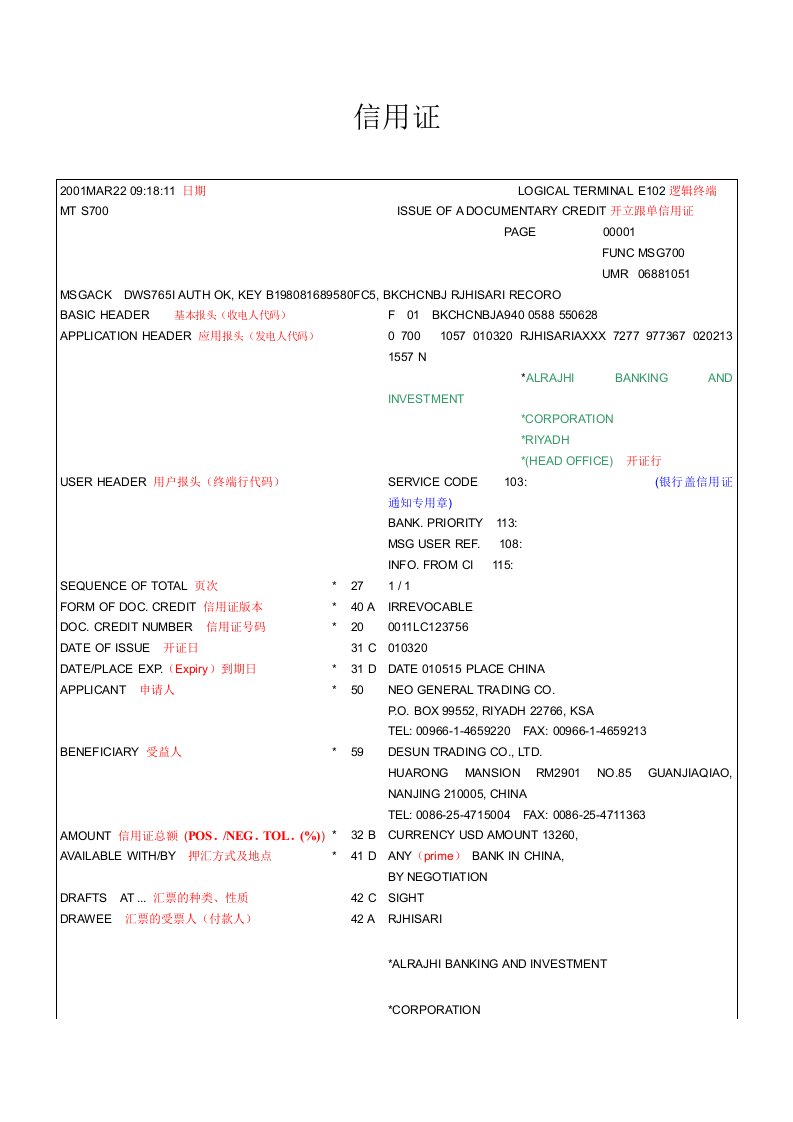 信用证样本翻译