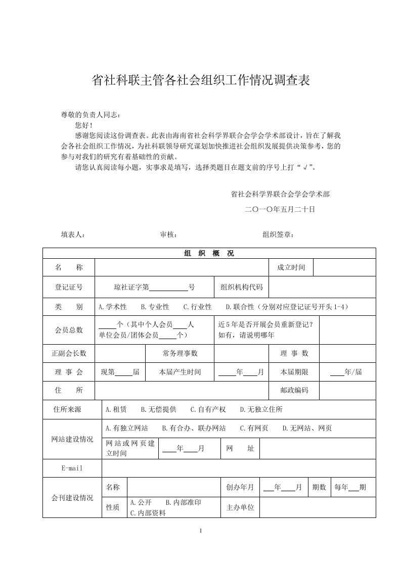 社科联主管各社团工作情况调查表-海南社科联