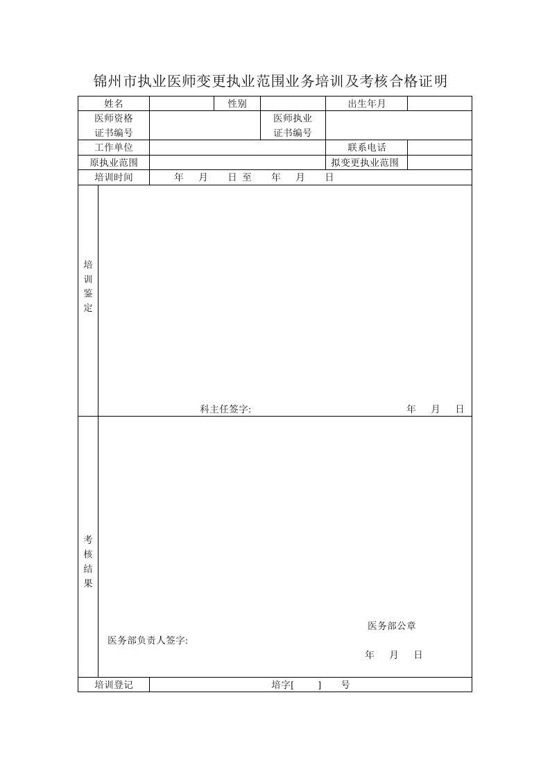 医师执业范围变更培训考核证明