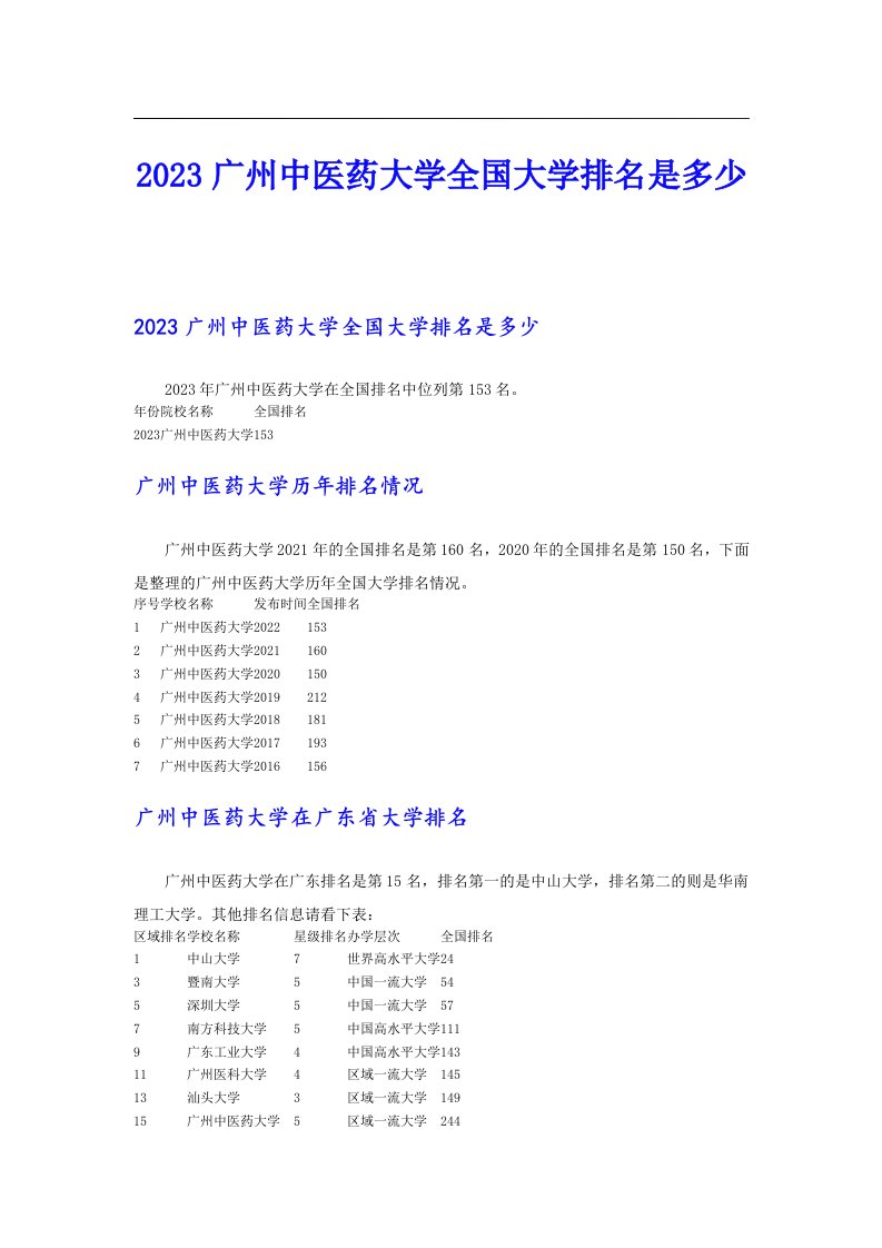 2023广州中医药大学全国大学排名是多少