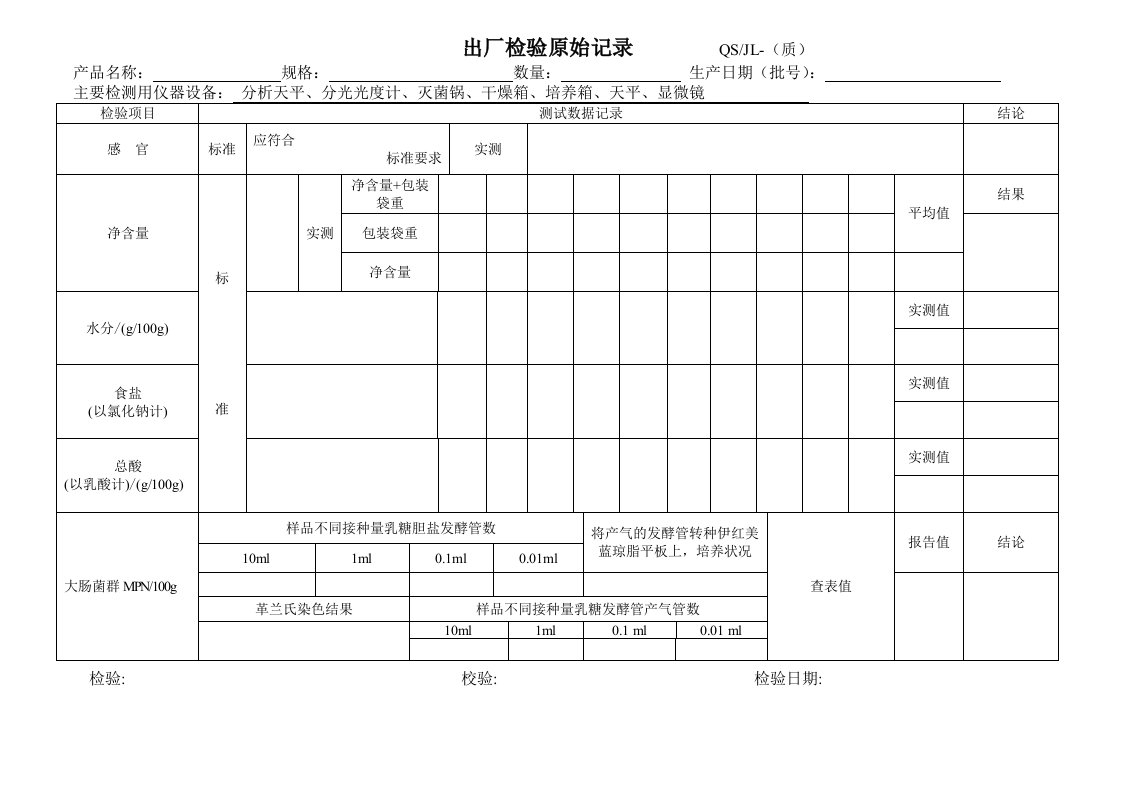 出厂检验原始记录