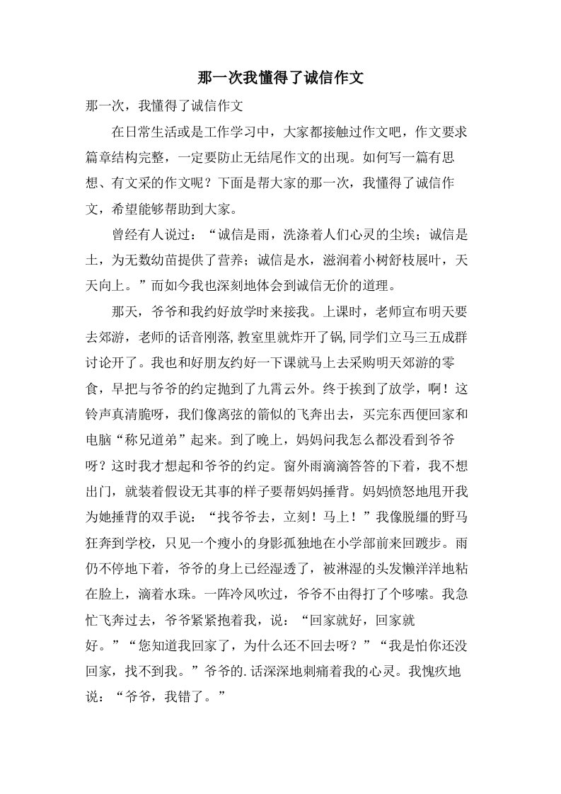 那一次我懂得了诚信作文