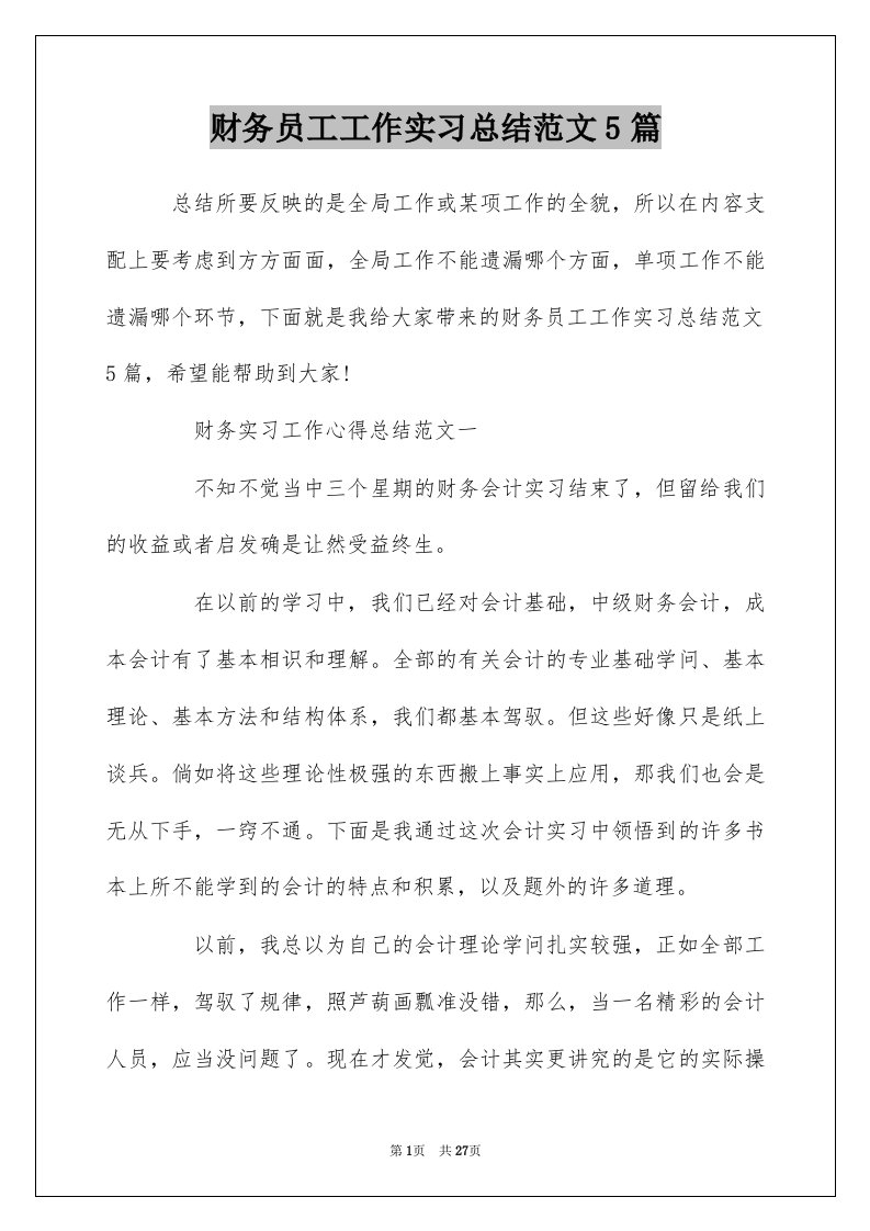 财务员工工作实习总结范文5篇