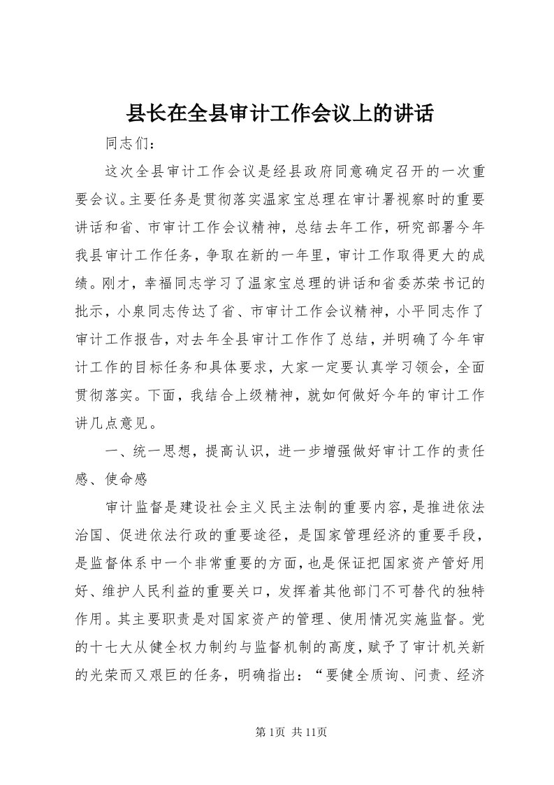 6县长在全县审计工作会议上的致辞