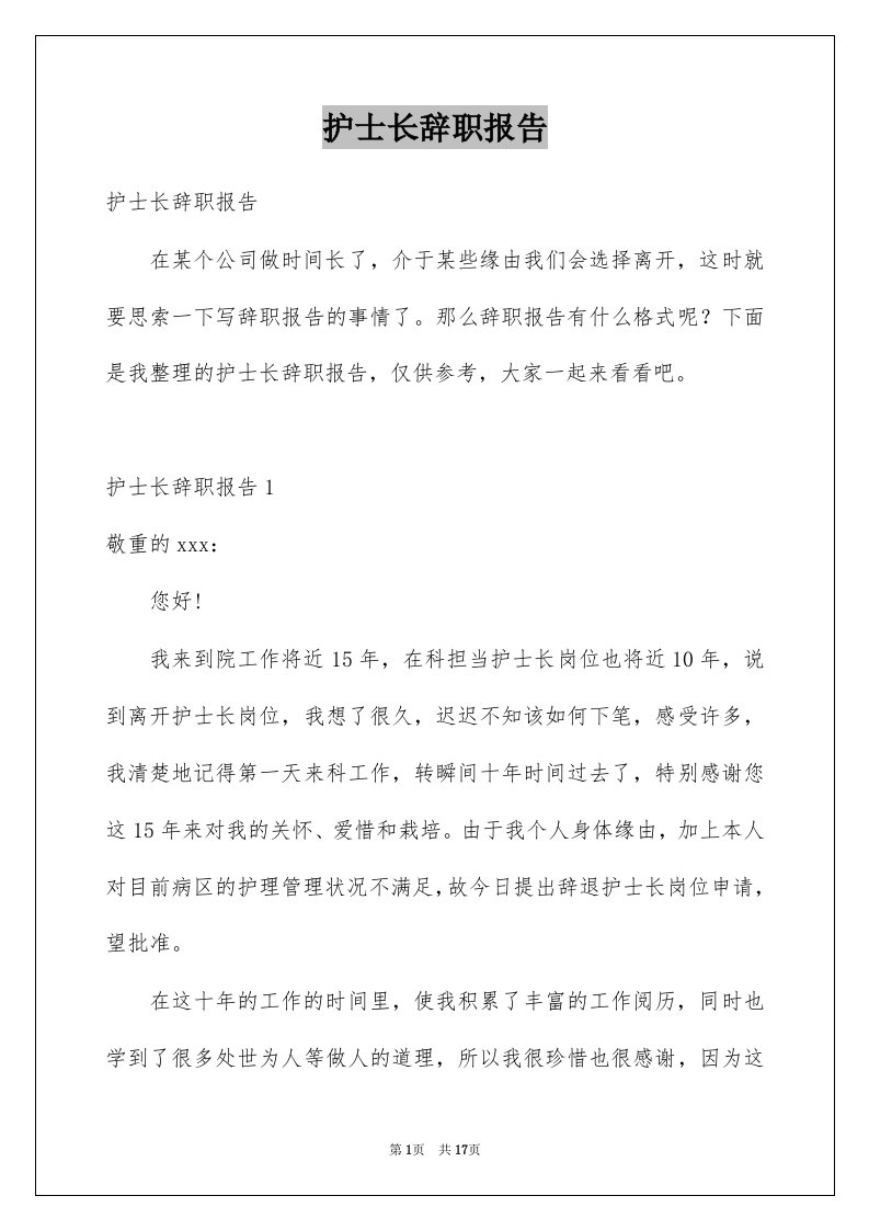 护士长辞职报告精选