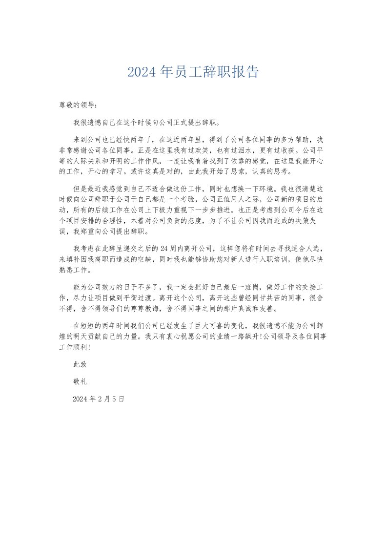 总结报告2024年员工辞职报告001