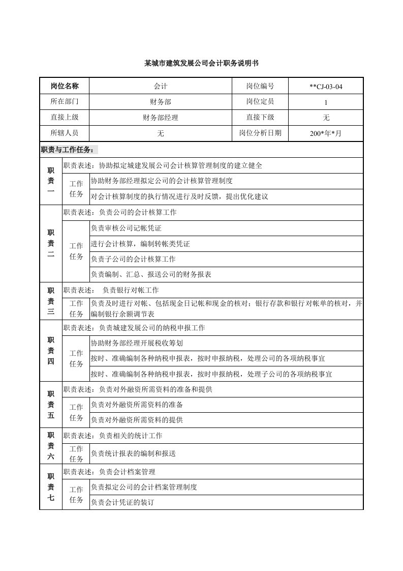 某城市建筑发展公司会计职务说明书